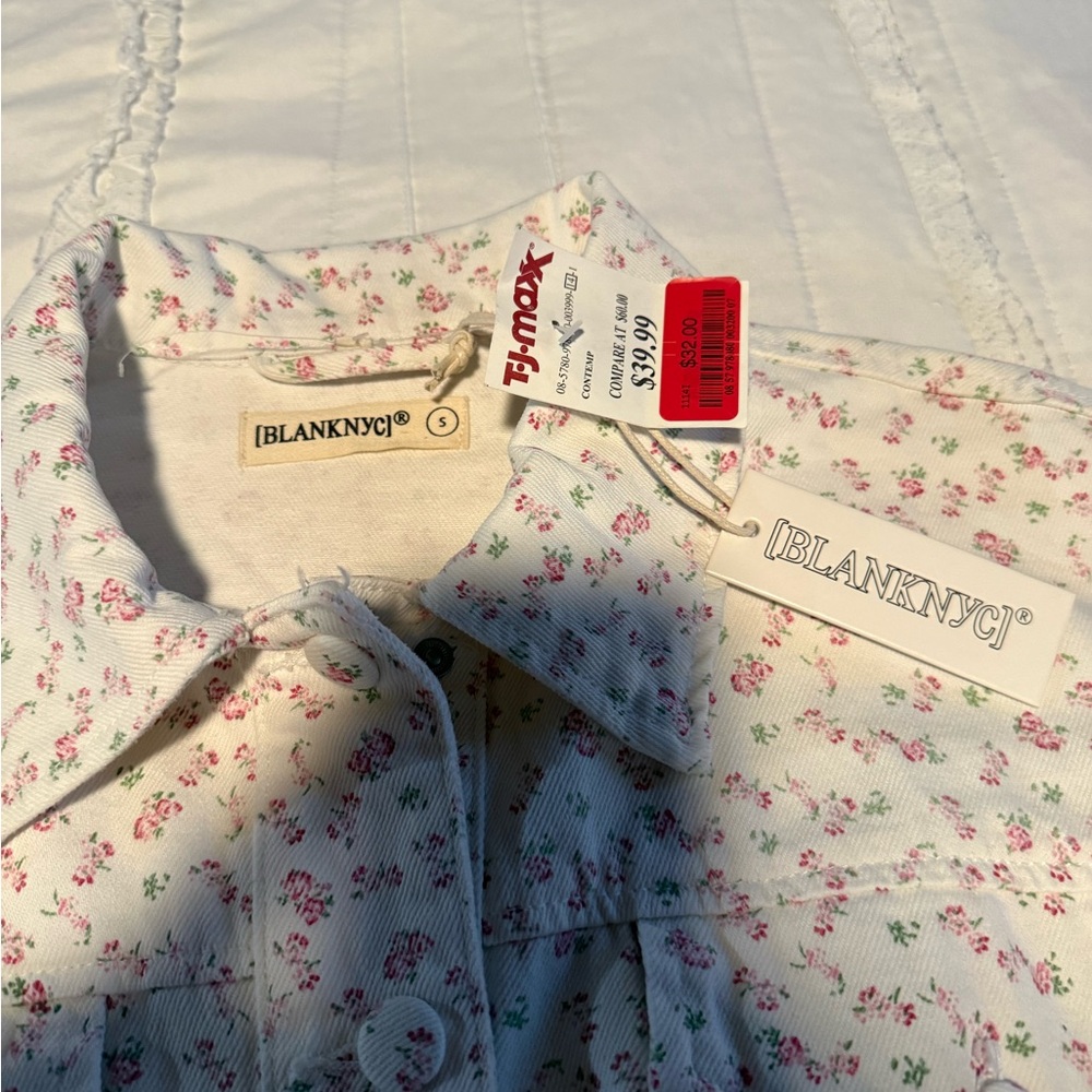 Blank NYC Cropped Floral Denim Jacket - Cream with Pink Print - Picture 8 of 10